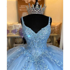 Sweet 16 Quinceanera Dresses Princess Beading Spaghetti Straps Blue Ball Gown