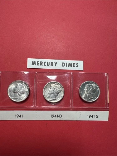 1941- P D & S BU 10C Mercury Dimes Trio Brilliant Uncirculated Set 90% Silver