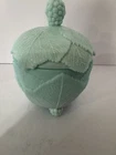Exquisite Vintage Fostoria Big Aqua Milk Glass Grape Leaf Dish W/ Lid. 6”