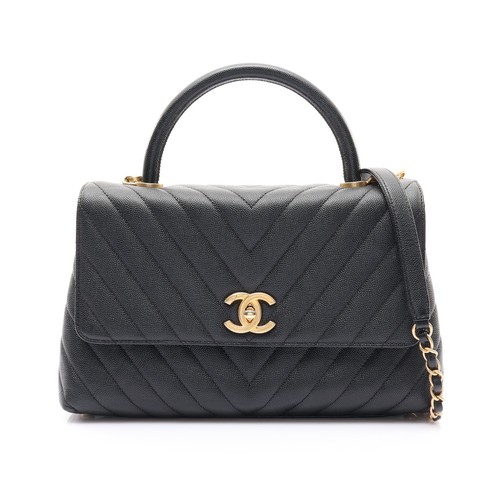 CHANEL Chevron Coco Handle Flap Shoulder Bag Calfskin Black (No Card) A92991