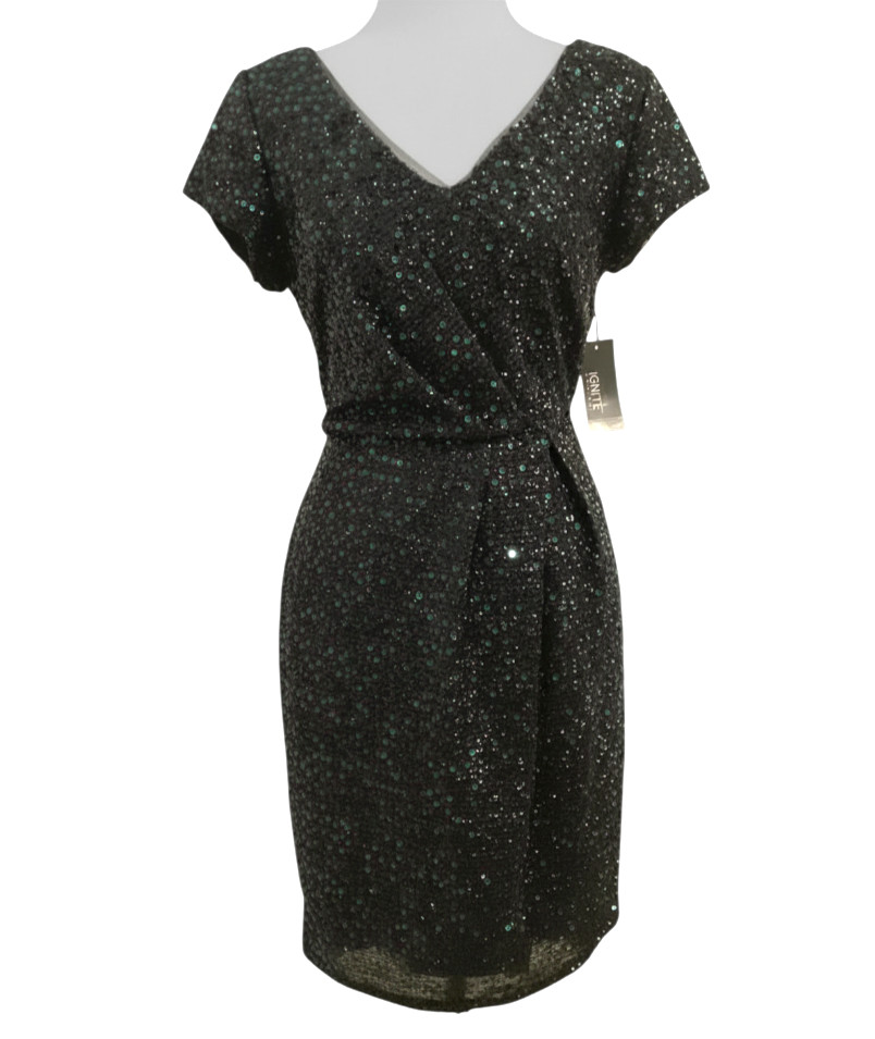 NWT Ignite Evenings BLACK & DARK GREEN Cocktail Dress Party FAUX WRAP Sequin 12