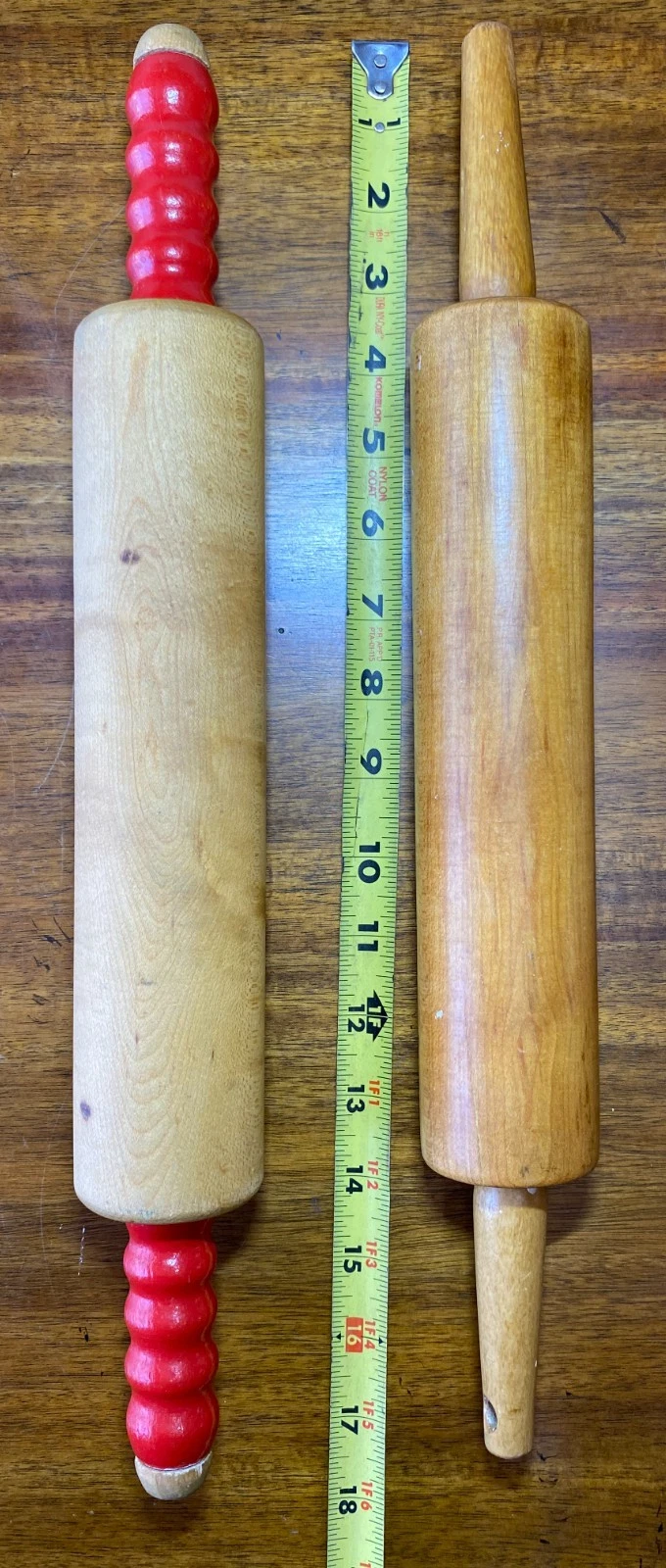 2 Vintage Wooden Rolling Pins Dough Baking Pies Farmhouse 1 Red Handle