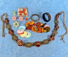 Vtg Bakelite Disks Baby Toy, Rattle, Braided Rope Belt,  2 Bracelets, Push Pins