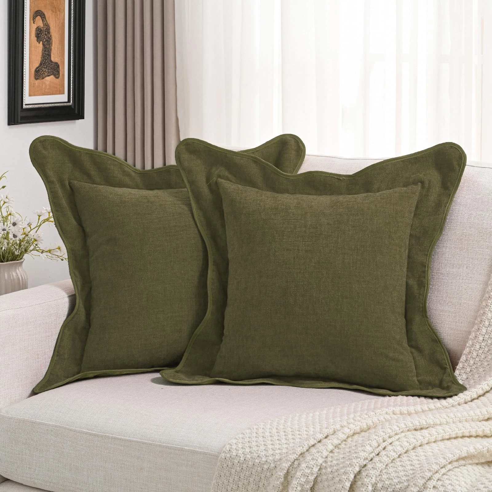 Pack of 2 Solid Scalloped Bordered Throw Pillow Covers 26x26 Inch Soft Chenil...