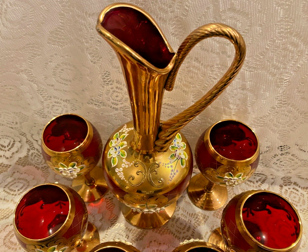 Murano Glass Salvadori Hand Signed & Painted 24KT Ruby Decanter