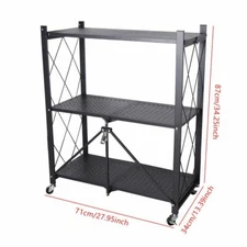 Storage 3 Tier Wide Folding Metal Shelf ,Rolling Trolley Utility Cart Black