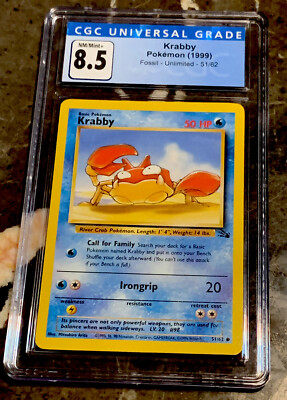 1999 POKEMON FOSSIL KRABBY #51 CGC 8.5 NM/MINT+ FRESHLY GRADED-RARE-PSA 9! 