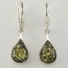 Green BALTIC AMBER Drop / Pear Leverback Earrings 925 STERLING SILVER #3605e