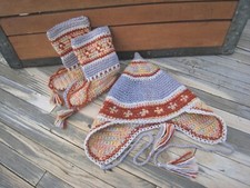 Vintage 1960s Crochet Baby Hat  Booties Set, Gray-Blue, Rust and Gold Cotton