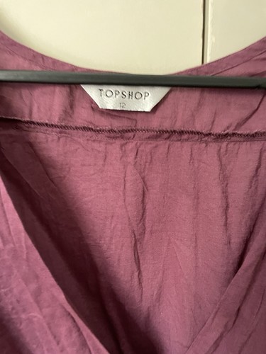 Topshop Cotton Blouse Top Size 12 Plum Purple Ruched Pleated Short Sleeve - Picture 2 of 8