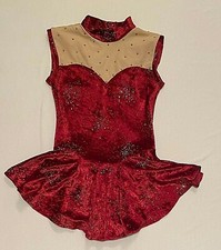 NEW CustomMade Girl Skating LEOTARD-RED VELVET-Mesh Crystals-Chest 22" Torso 38"
