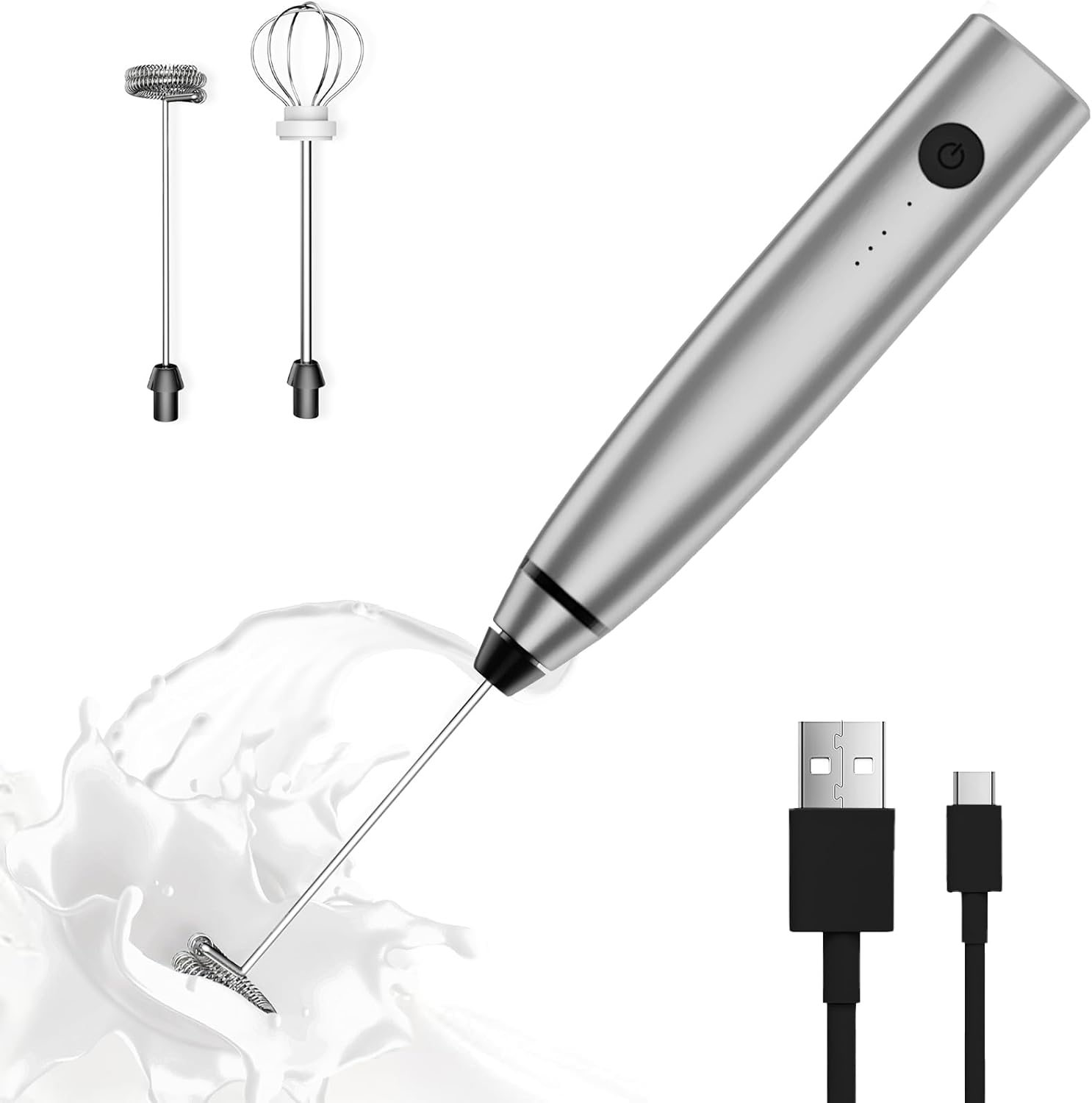 Milk Frother Rechargeable Handheld Electric Whisk Coffee Frother Mixer with 2 St-image