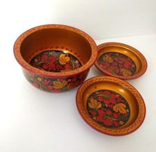 VTG Russian Hand Painted Khokhloma Set of 3 Lacquer Bowls Floral Strawberries 