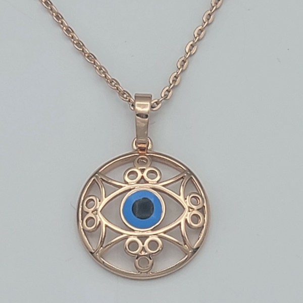 Alternate view of Rose Gold Plated Blue Evil Eye Crystal Pendant Necklace. Amulet. Oro Laminado