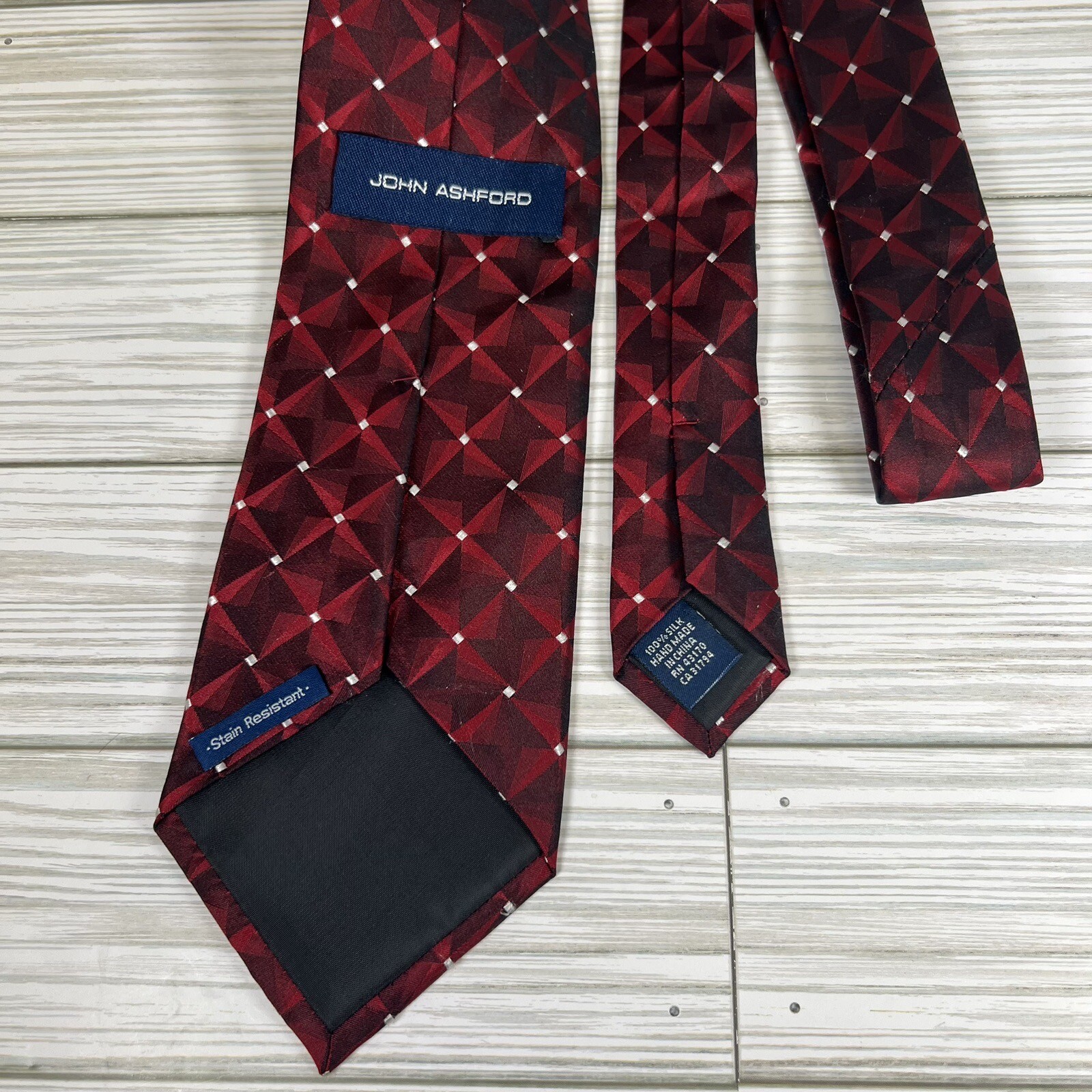 John Ashford SILK Tie Necktie Ruby Red Ivory Geom… - image 4