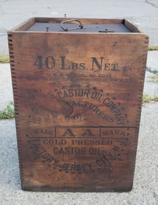 Antique Vintage Baker Castor Oil Can Advertising Wood Crate Sign Jersey City NJ