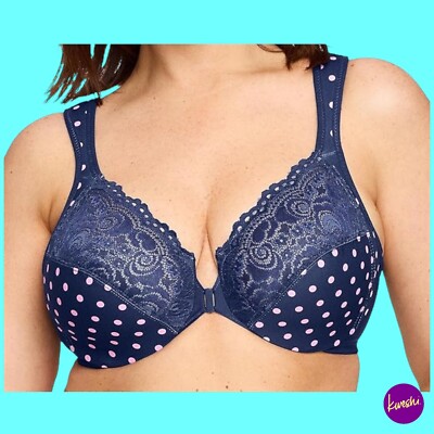 GLAMORISE Women's Wonderwire Front-Close Underwire Bra #1245, Navy Print, UK 38C