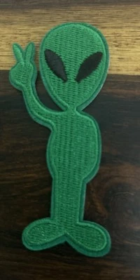 Green Alien Peace Embroidery Iron On Patch- Extraterrestrial Theme 8.5cmx4cm - Image 1 of 3