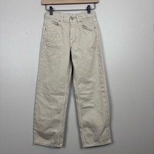 Zara Jeans Girls 10 Beige Wide Straight Leg Floral Embroidery Adjustable Waist