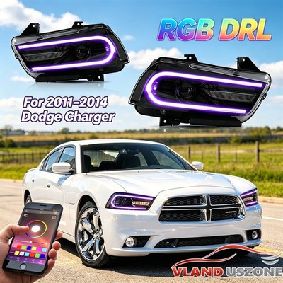 RGB DRL Headlights For 2011-2014 Dodge Charger LED Sequential Turn Front Lamps