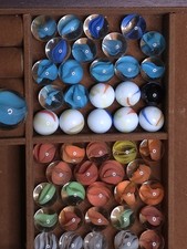 Vintage Glass Marbles 48pc Lot Peltier Banana Cat Eyes Swirls Blue Shooter