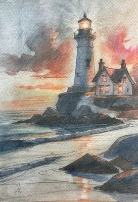 Original Watercolor Painting Lighthouse   Size (5x7 inches)