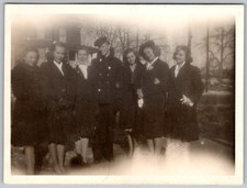 Vtg B&W Snapshot Group Of Women And Sailor in Peacoats Outdoors 1940s