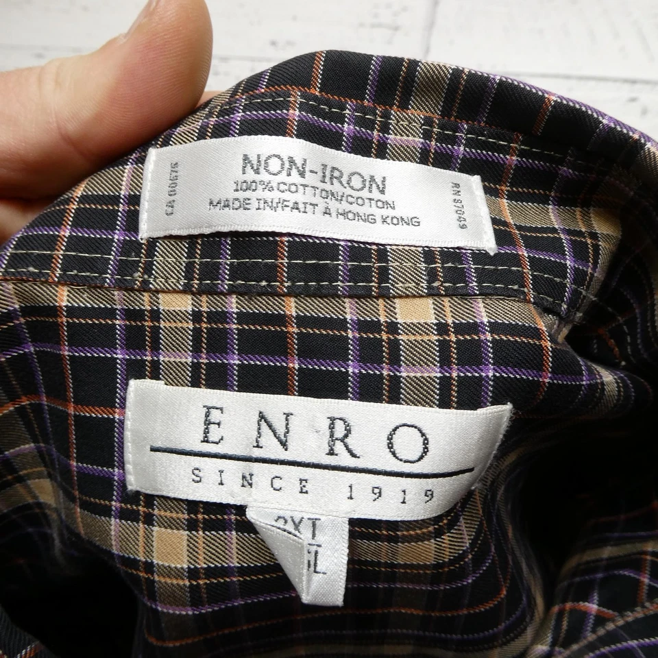 Camisa Enro Para Hombres 2XL Alta Negra Tostada Púrpura Cuadros Algodón Sin Hierro Abotonada Foto 4 de 4