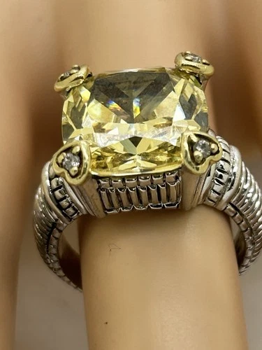 Judith Ripka 18K Gold & 925 Canary Quartz And Diamonds Cocktail Vintage Ring Sz7