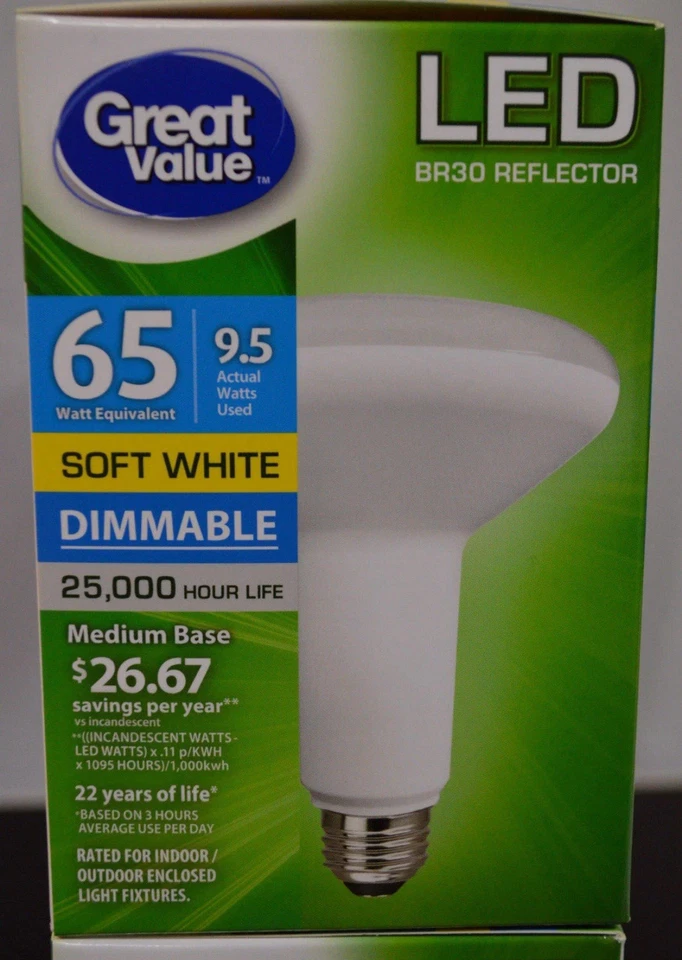 8x Pack Great Value BR30 LED Light Bulb 9.5W 65 WATT Soft White Reflector NEW - Image 4 of 4