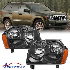 Pair Black Headlights For 2005 2006 2007 Jeep Grand Cherokee Sport Utility