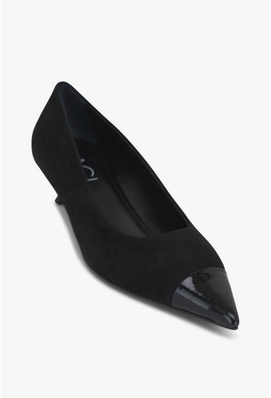 AGL Lenor Black Suede Kitten Heel Pump, Patent Pointed Toe, Size 7.5M (38)