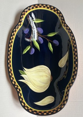 Laurie Gates Hand Painted Ceramic Garlic And Olives Oval Serving Bowl 14 Inches