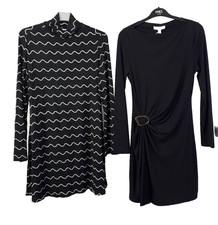 M&S Women's 2Pcs Short Knit Dresses Size 12 Black Spot Wavy & D-Ring Ruched NEW