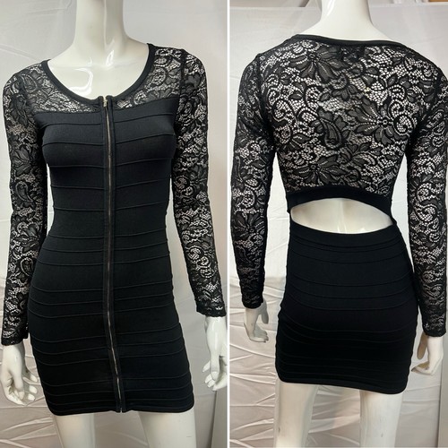 Bebe XS Black Lace Sleeve Zip Front Stretchy Bodycon Cocktail Dress - Picture 1 of 4