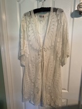 Vintage-Inspired Lace Duster Kimono  Boho Sheer Embroidered Maxi Cover-Up S