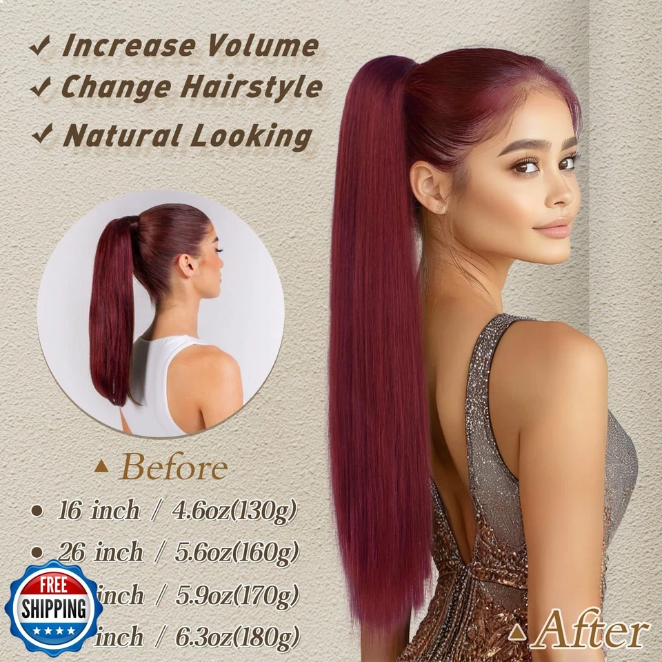 BARSDAR Auburn Ponytail Extension - 30 Inch Long Straight Drawstring Ponytail - Image 3 of 4