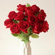 12Pcs Red Roses Artificial Flowers Burgundy Fake Rose Bouquet with Long Stem ...