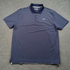 Under Armour Polo Shirt Mens XL Blue White Striped HeatGear Golf Performance