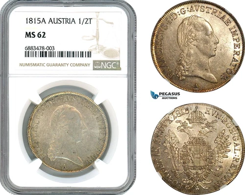 AJ569, Austria, Franz II, 1/2 Taler 1815 A, Vienna Mint, Silver, NGC MS62