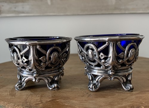 antique Sterling Silver Footed French Victorian Master Salts Pair Cobalt Liners - Picture 2 of 12