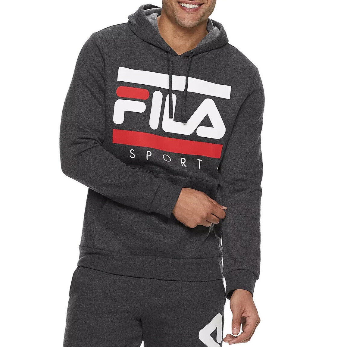 Felpa con cappuccio pullover con logo grafico Fila Sport nuova con etichette grigio scuro erica 2XL