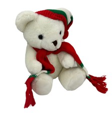 Vintage 80s Christmas Teddy Bear Holiday Stuffed Plush Scarf Hat White Jointed