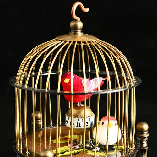 Exquisito reloj mecánico de latón - forma de jaula de pájaros dos pájaros Aroud Moving - Imagen 4 de 7