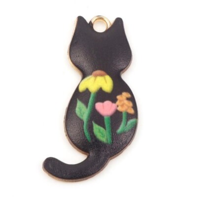 10 hübsche schwarze katzenförmige Goldton Charm Anhänger mit Blumenmuster Emaille Detail