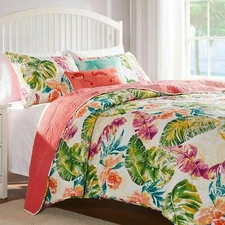 King Quilt Set Tropical Oasis Coastal Palm Leaf Botanical Modern Oversized 3Pc