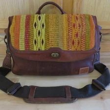 Will Leather Goods Brown Leather Messenger Bag Native American Woven Southwest