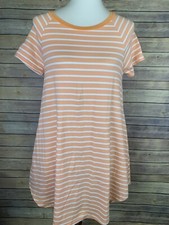 Umgee Womens Small Striped Dress Rounded Hem Peach White Short Sleeve Stretchy