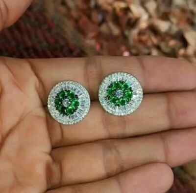 Art Deco Style Round Cut Emerald & Lab Created Diamond Earring 14k White Gold FN