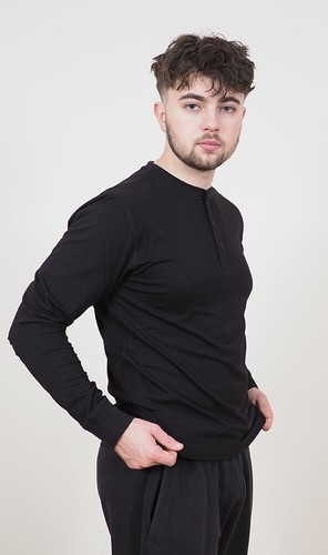 Mens Long Sleeve Cotton T-Shirt Regular Fit Crew Neck or Henley Top Lounge Work - Picture 43 of 72